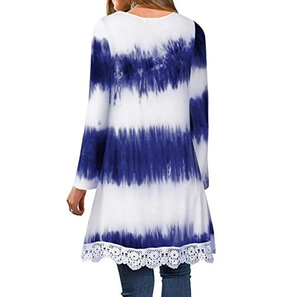 Tie dye рубашка женская с кружевным подолом свободная туника с длинным рукавом Топы Женская футболка Повседневная Женская футболка с длинным рукавом Camiseta Feminina Новинка