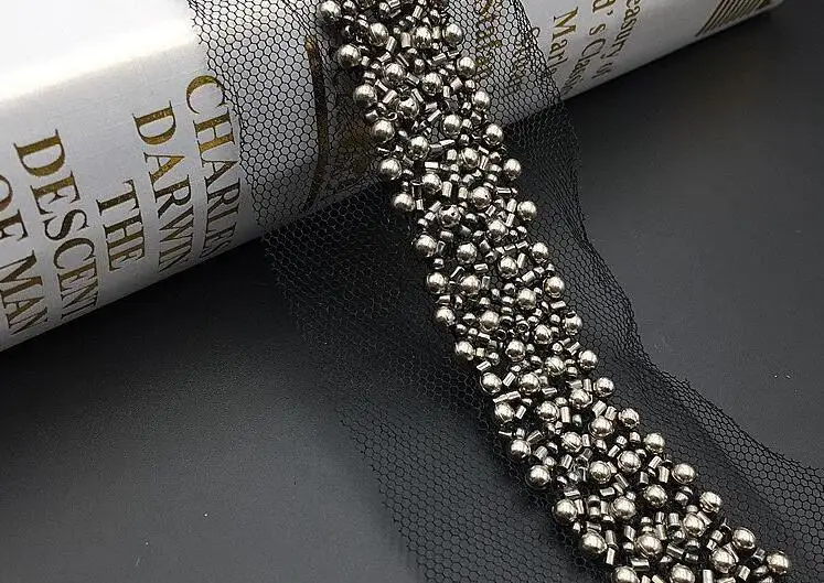 black mesh grey bead 2 ярдов бисерная кружевная Лента отделка ткани DIY вышитое украшение воротника шнур для шитья свадебное платье пояс Кушак Свадебная лента - Цвет: black mesh grey bead