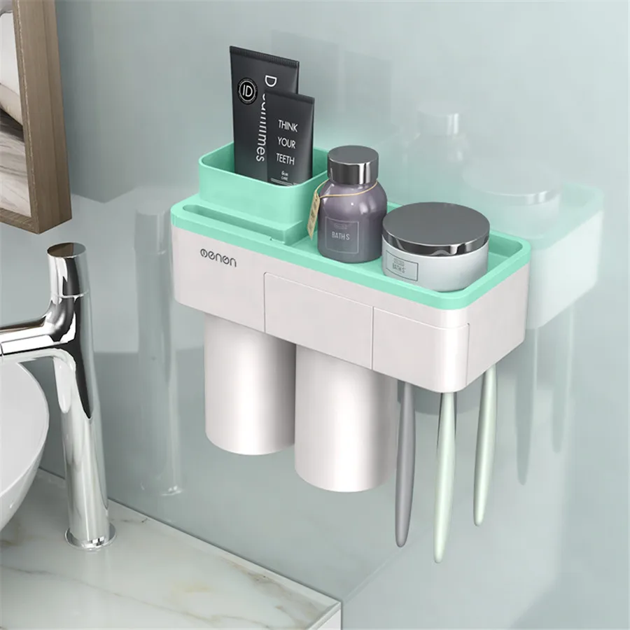 2 CUPS green Магнитный аттракцион держатель для зубной пасты и для зубной щетки бритва полка 2 3 чашки стеллаж для хранения ванная комната Санузел аксессуары набор настенный - Цвет: 2 CUPS green