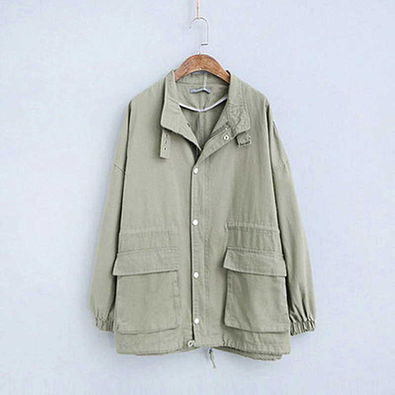 

Loose Joker Stand Collar Large Pocket 2019 Spring New Drawstring Windbreaker Casual Simple Solid Color Straight Jacket