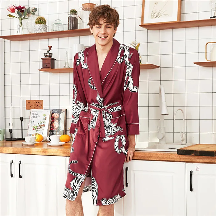 L, XL, XXL, летний мужской пижамный комплект, халат, штаны и шорты, одежда для сна, атласный принт, мужская повседневная домашняя одежда, костюм для сна, кимоно, Халат - Цвет: single robe 6