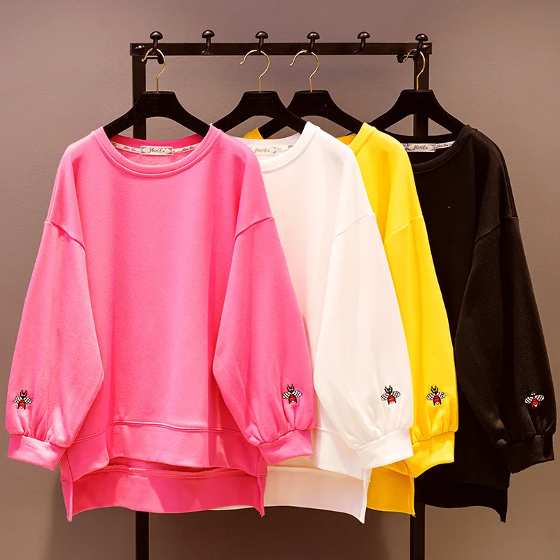 

2018 Autumn Woman Fashion Bat Shirt New Fashion Long-style Embroidered Bee Round-necked Sweatshirts Ladies Student Hoodie Coat