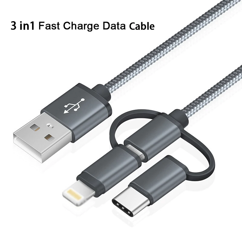 2019 Быстрая зарядка 3 в 1 кабель для передачи данных Apple Android type C Micro USB нейлоновый