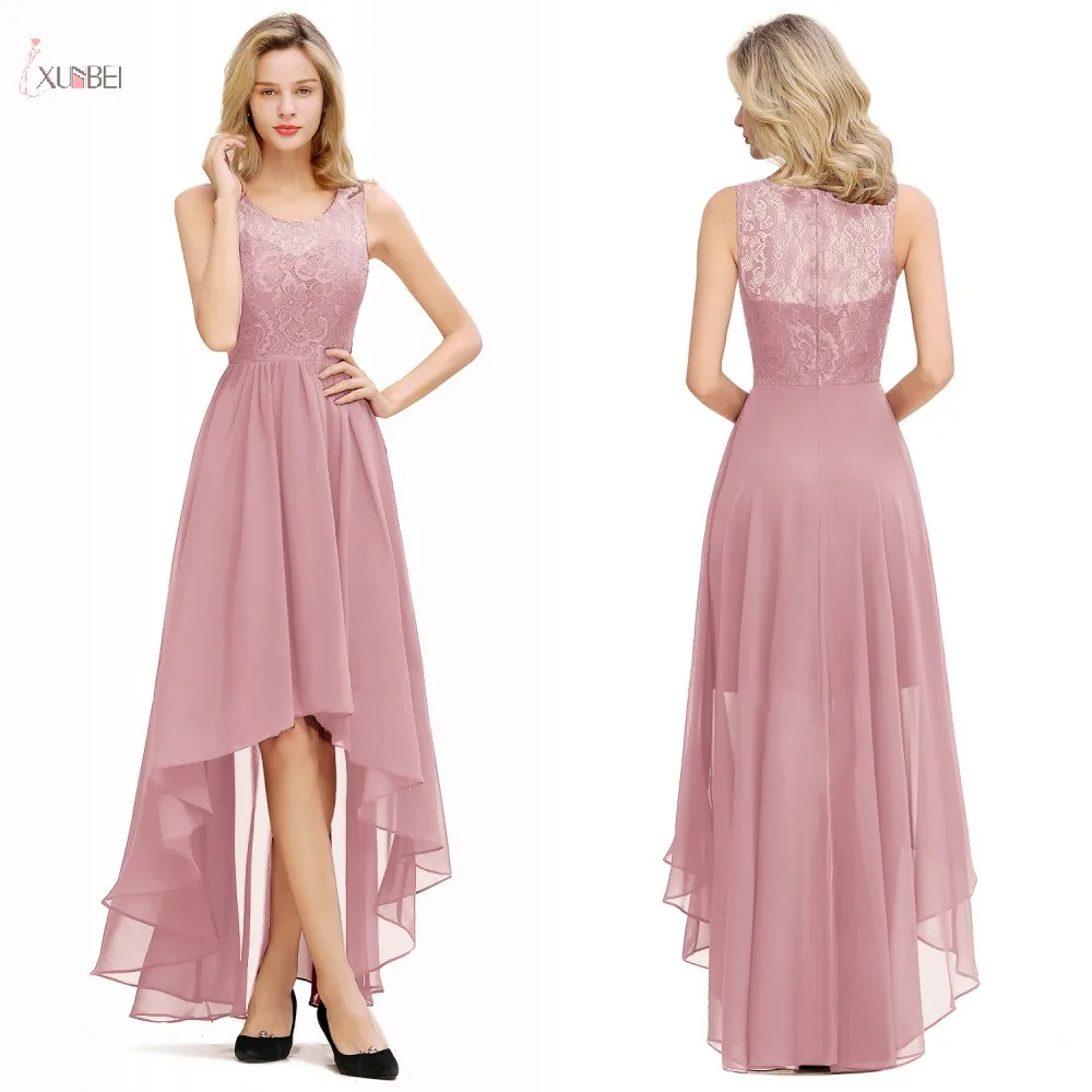 

Pink Chiffon Long Bridesmaid Dresses 2019 High Low Wedding Guest Party Gown Sleeveless Lace Flower vestido madrinha