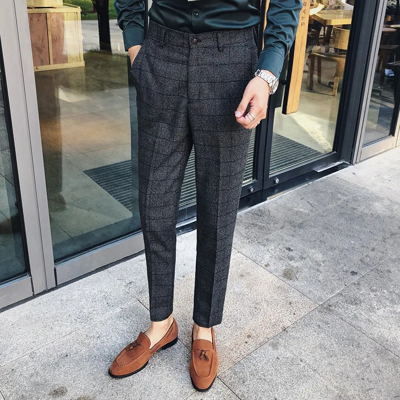 

Spring/Autumn Blue Plaid Dress Pants Mens Business Casual Trousers High Quality Fashion Slim Pants for Men Size 29-35