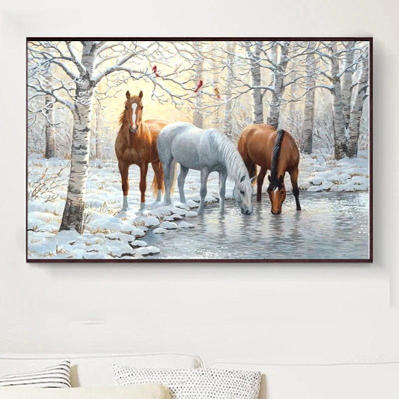 

5D Diamond Painting Cross Stitch Kit three horse DIY Diamond Embroidery Round Rhinestone Pasted Diamond Mosaic Needlework