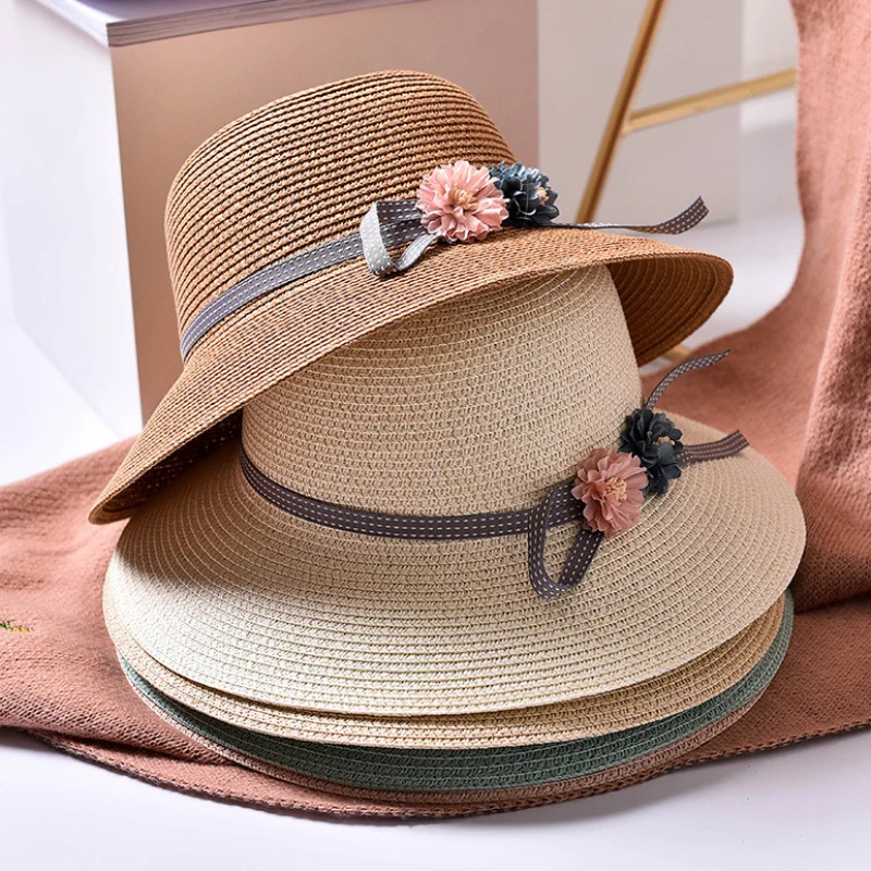 

HT1553K New Fashion Girls Flower Wide Brim Straw Hat Child Floppy Beach Hats Kids Panama Bucket Hats Foldable Summer Sun Hat