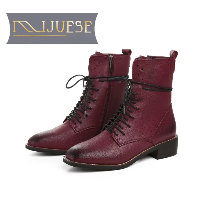MLJUESE 2020 women ankle boots cow leather lace up round toe winter wine red color vintage low heels size 40 | Обувь