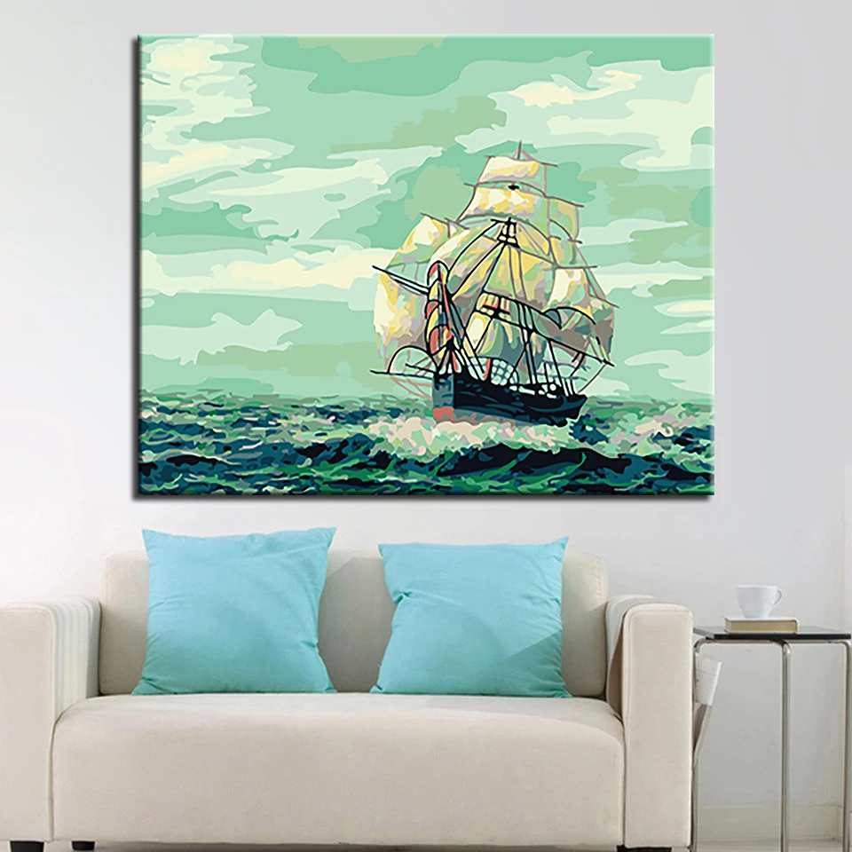 Парусная лодка живопись по номерам DIY Рисунок морская волна масло холст домашний декор настенные художественные наборы раскраска корабль морской пейзаж картины в рамке