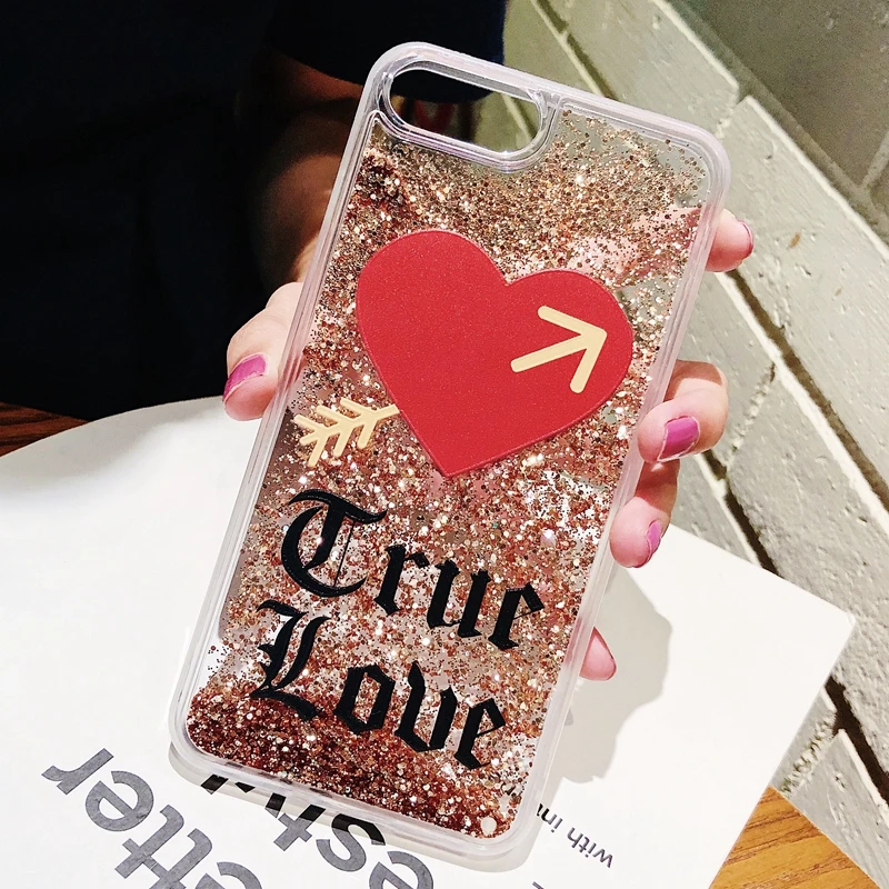 Coque for iPhone 7 7Plus Case Cover Love Liquid Gold Quicksands Phone Funda on X 10 6 8 Plus Capa Women |