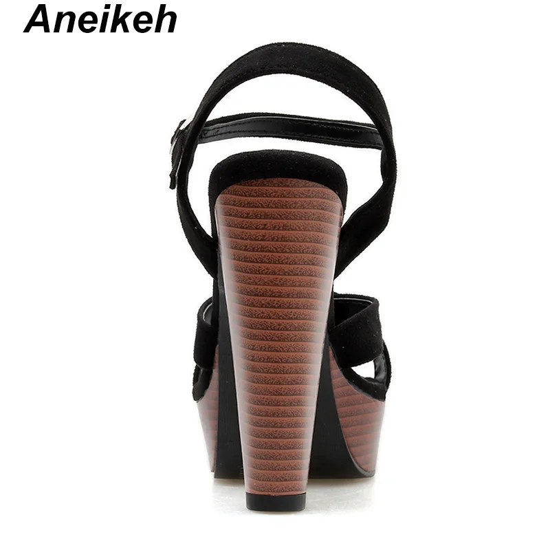 Aneikeh/ г.; Модные женские босоножки из флока в римском стиле; Повседневные Вечерние Туфли с круглым носком на высоком квадратном каблуке с ремешком на лодыжке; цвет черный, 40