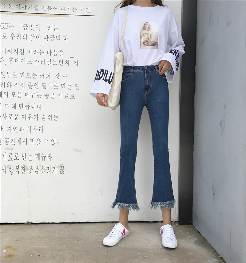 Womens Trousers Flare Tassel Embllished Harajuku Calca Black Denim Jeans Feminina Stretchy Ropa Verano Mujer Ulzzang Pants |