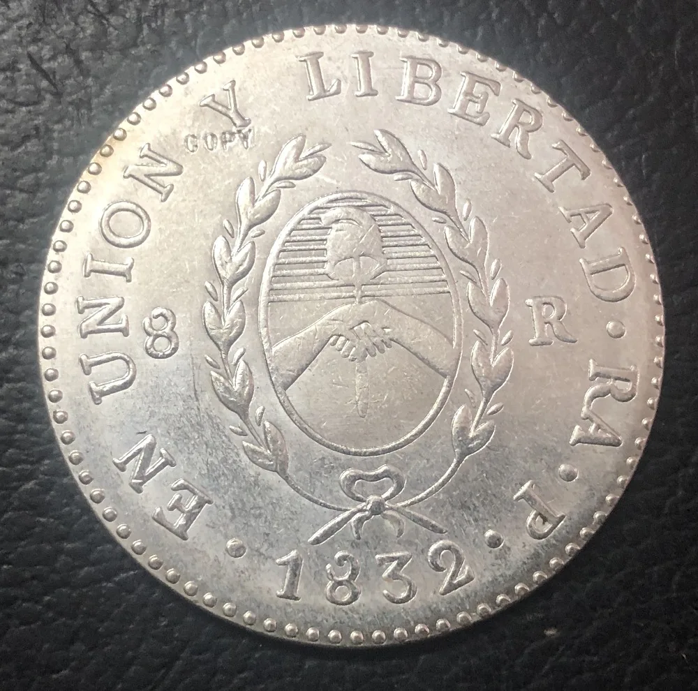 1832 La Rioja 8 Reales Provincias del rio de la plata Посеребренная копия монеты 39 мм|Безвалютные монеты|