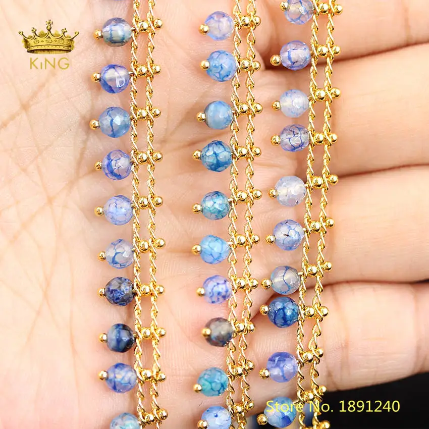 Blue Fire Agate 5 метров 4 мм Камни бисерные цепи ювелирные украшения, натуральные ограненные Агаты круглые бусины позолоченные соединители четки цепи оптом HX215 - Цвет: Blue Fire Agate