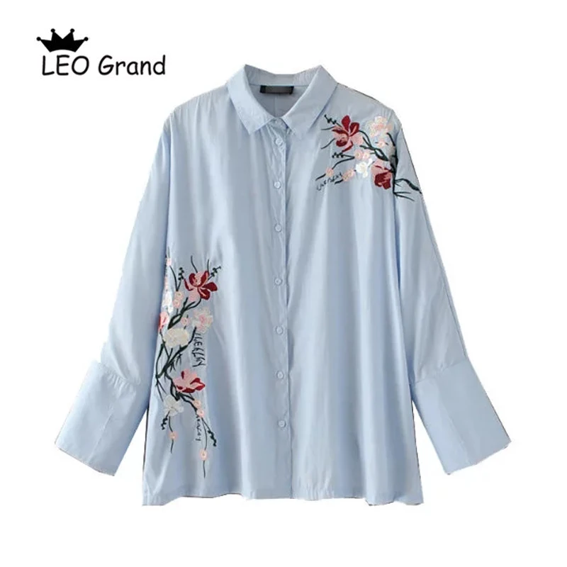 Leo Grand/женские весенние блузки с отложным воротником вышивка Женский Blusas Большие
