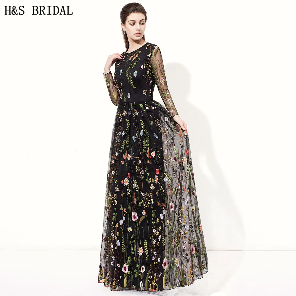 H & S свадебные черные платья с длинным рукавом для выпускного вечера круглым