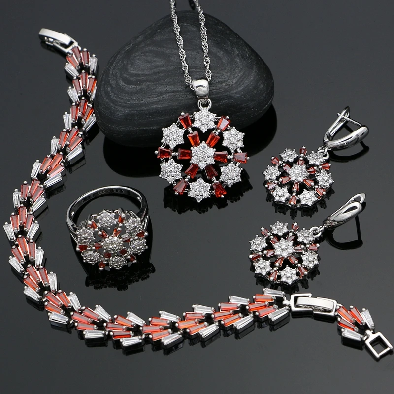 

925 Silver Bridal Jewelry Set Red Cubic Zirconia White Crystal For Women Earrings Necklace Pendant Bracelet Ring Set