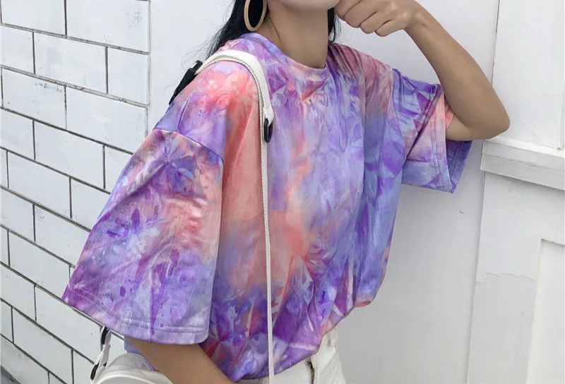 Harajuku Для женщин футболка диких ретро Tie-dye Tie Dye с короткими рукавами в Корейском