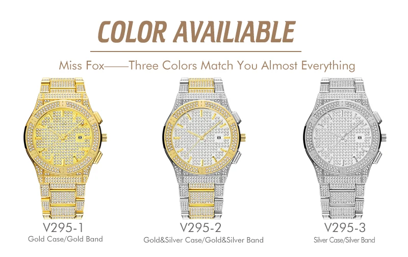 MISSFOX, серебряные и золотые часы, мужские часы с календарем, полностью бриллиантовые часы, лучший бренд, Роскошные Аналоговые водонепроницаемые мужские часы, подарочная коробка