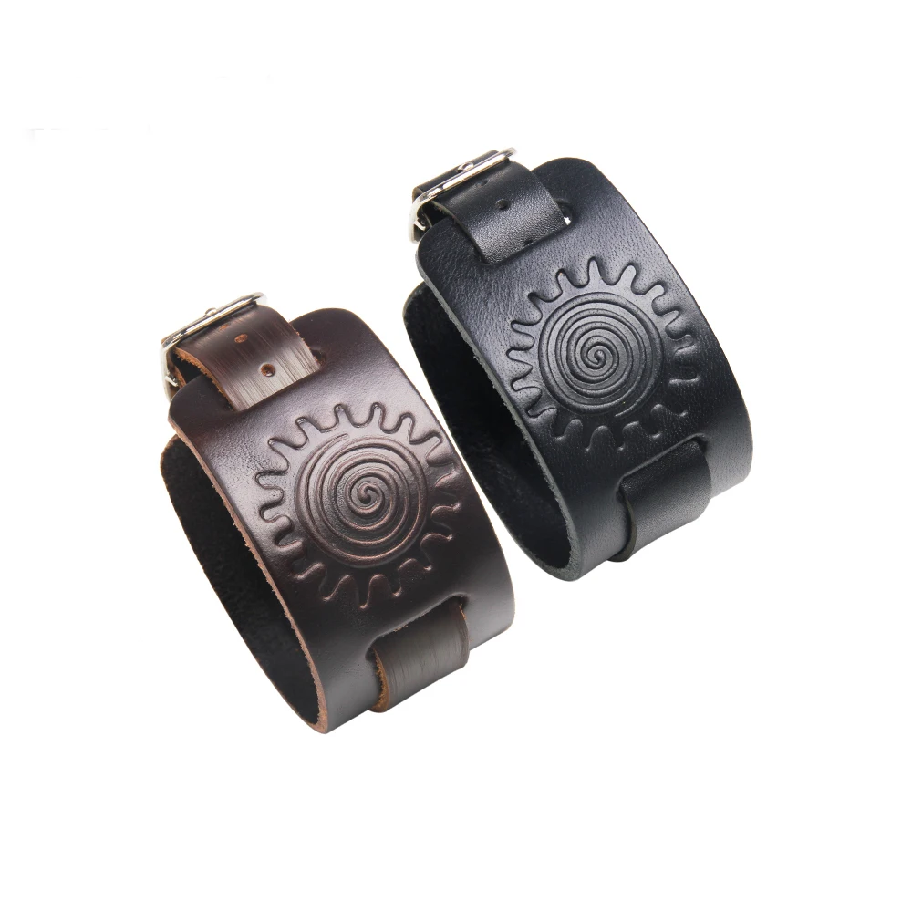 LIKA Punk Genuine Leather Bracelet Men Vintage Wide Cuff Bangles Adjustable Buckle Wristband Male Jewelry Black &amp Brown | Украшения и