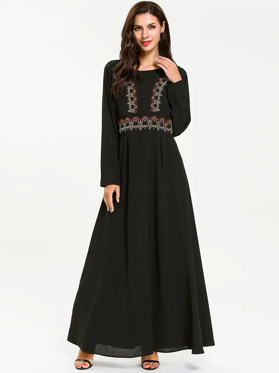 Женское длинное платье с вышивкой Abaya черное платье-Кафтан круглым вырезом в