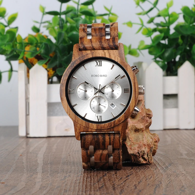 BOBO BIRD relogio masculino мужские часы, наручные часы с хронографом, военные часы, металлический деревянный браслет, роскошные часы, подарок ему, коробка, B-P19