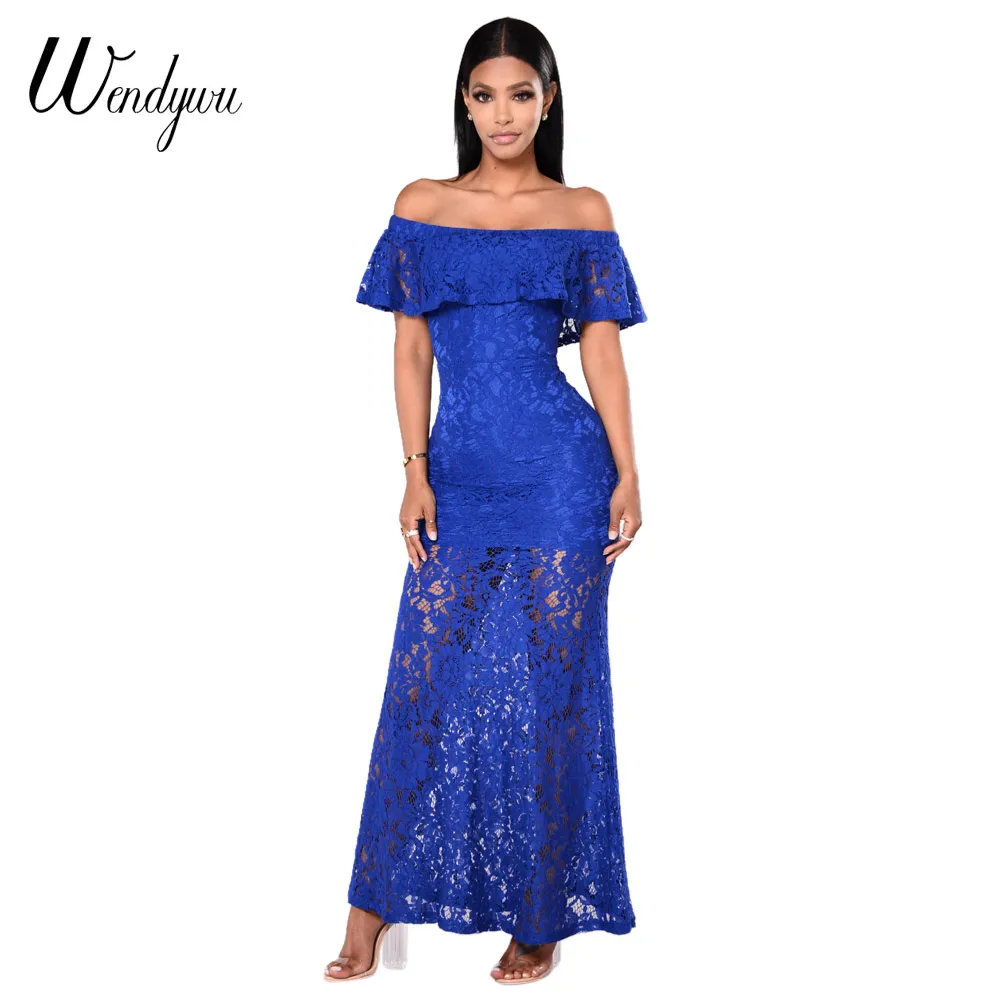 Wendywu Новое модное Однотонное голубое кружевное летнее ТРАПЕЦИЕВИДНОЕ длинное