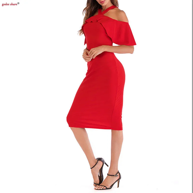 Пикантные Для женщин платье миди с рюшами без рукавов Твердые Холтер бретелек