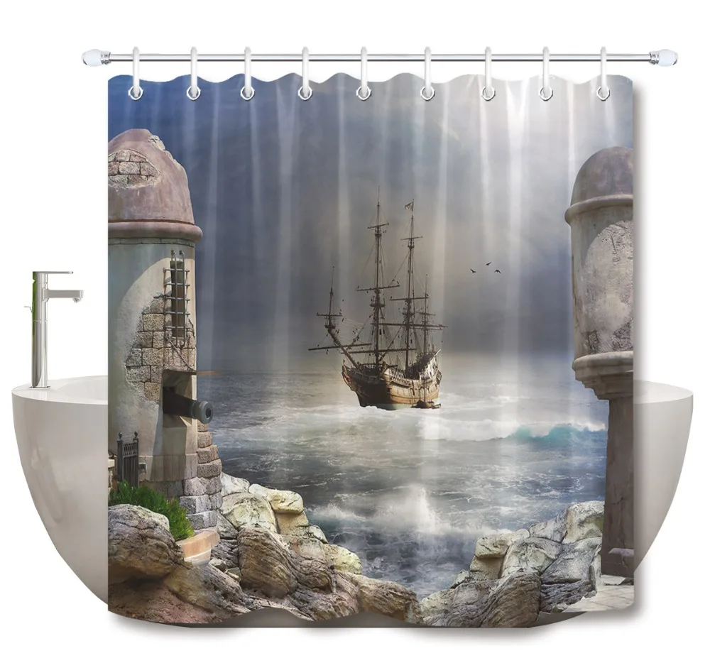 

72'' Bathroom Waterproof Fabric Shower Curtain Polyester 12 Hooks Bath Accessory Sets The Pirate Bay Turret Corsair In Sea Waves