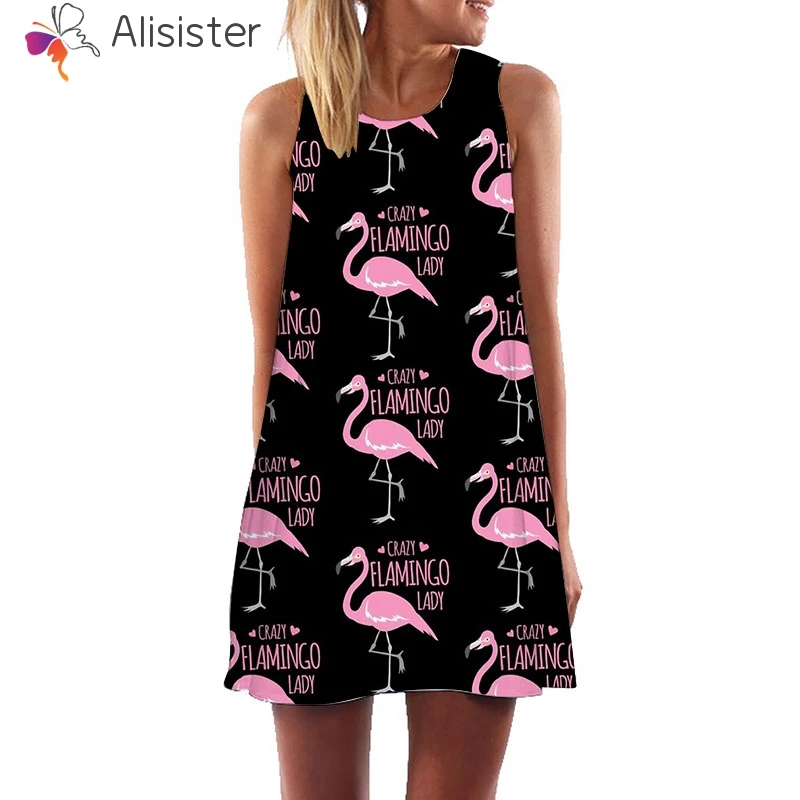 Фото Женское платье с принтом фламинго повседневное пляжное без рукавов круглым