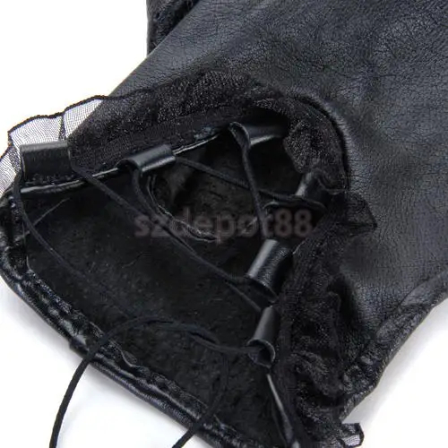 

Women Ladies Lace Trim PU Leather Fingerless Half Gloves Size M - Black