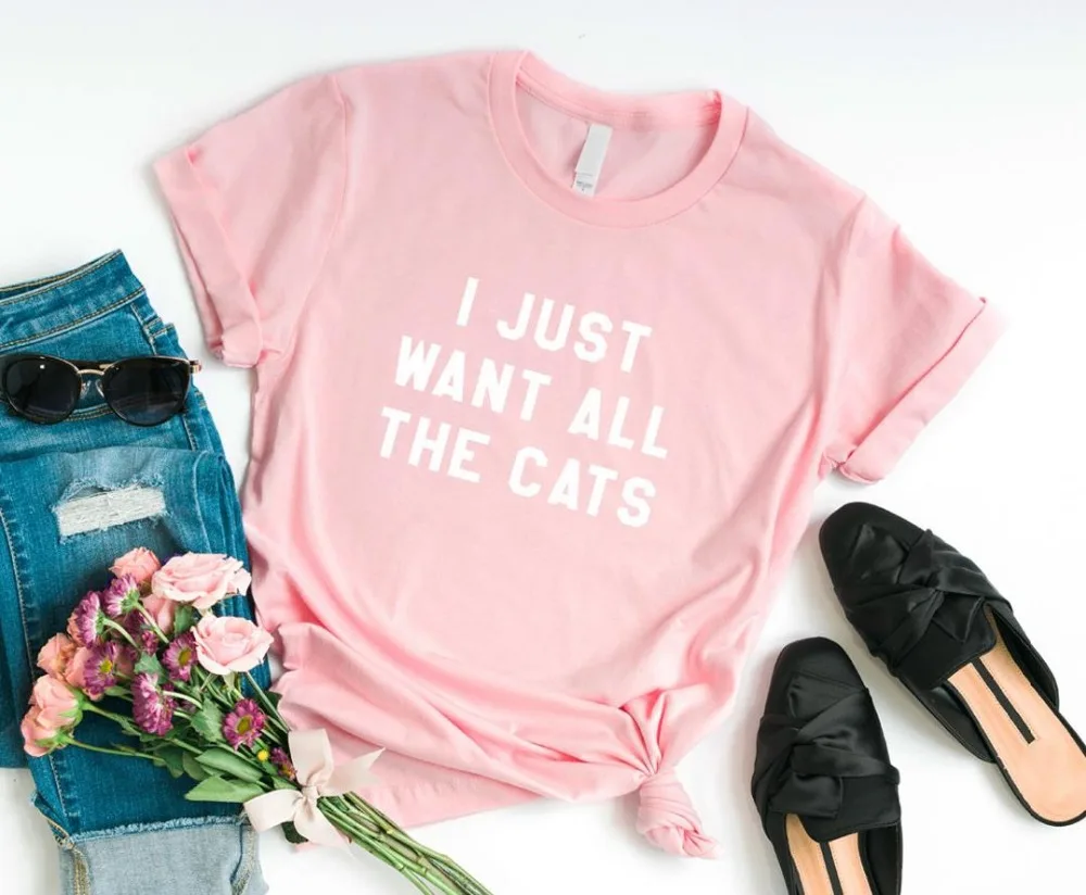 Женская футболка с надписью Я просто хочу всех кошек хлопковая Повседневная