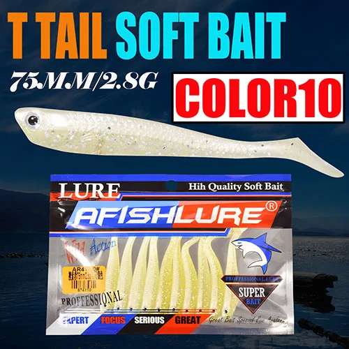 color 10 10 шт./партия рыболовные приманки T Shad 75 мм 2,8 г пластиковая наживка из мягкого материала T Форма Grub Shad Swimbait Искусственный бас-приманка воблеры - Цвет: color 10
