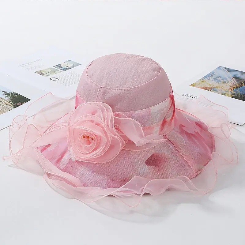 Light pink Цветочная женская летняя сетчатая шляпа двухслойная Марля Женская пляжная шапочка для бассейна с широкими волнистыми полями с защитой от ультрафиолетовых лучей в полоску для девочек - Цвет: Light pink
