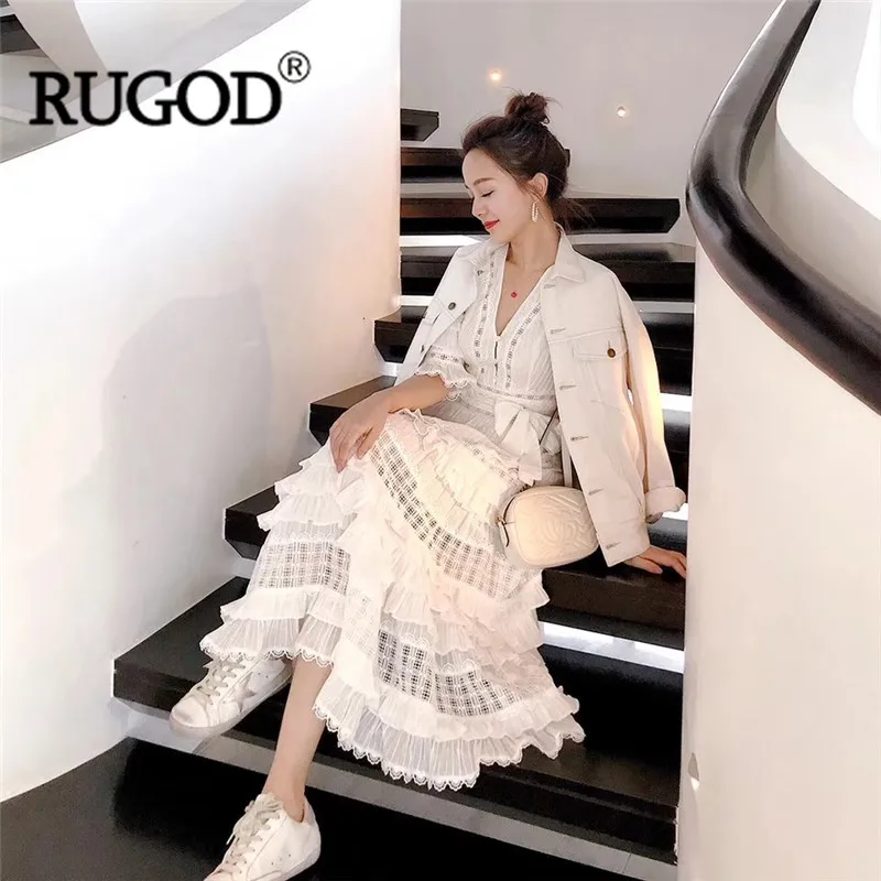 RUGOD, новинка, белое кружевное платье, женское, элегантное, сексуальное, с вырезом, с поясом, Платья для вечеринок, повседневное, с оборками, длинное, макси платье, vestidos mujer