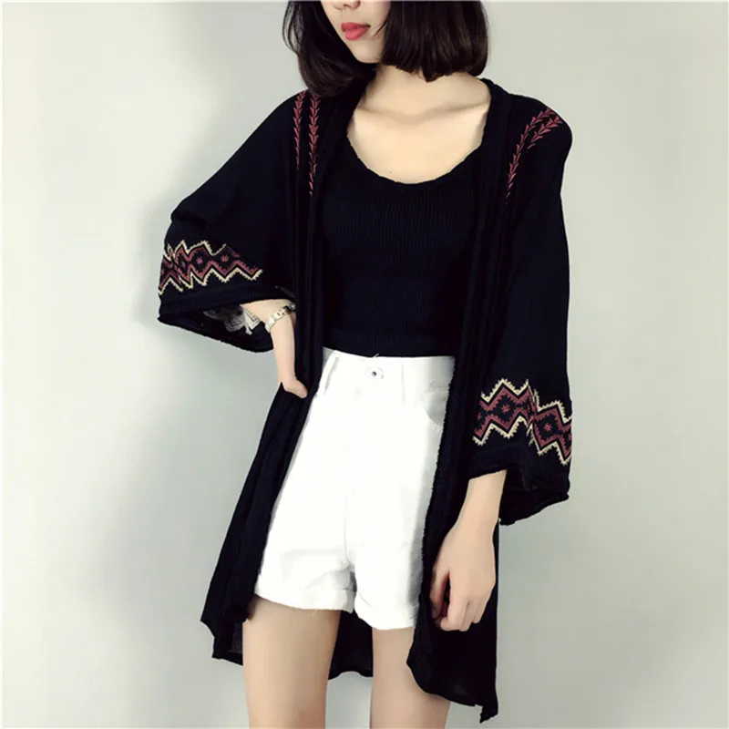 Ethnic embroidery summer cardigan women 2018 korean fashion sunproof ladies thin cotton linen Kimono boho long cardigans |