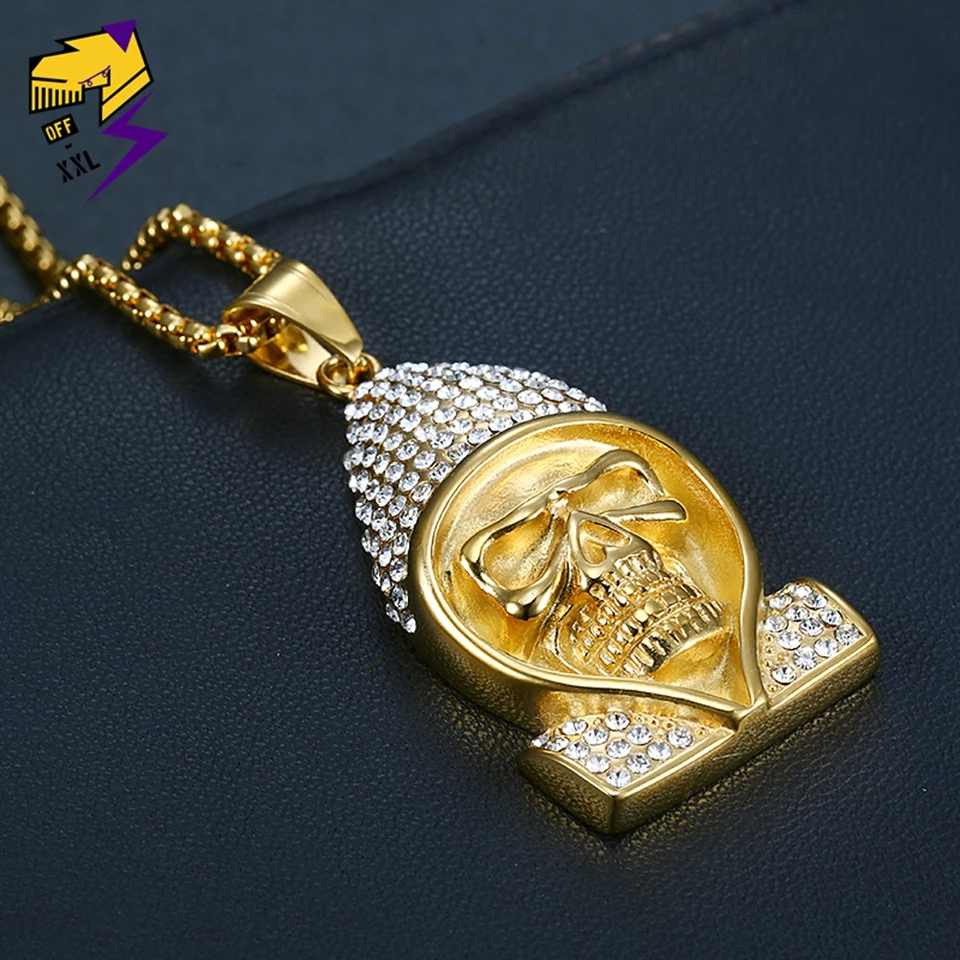 Хип хоп Рок Кристалл скелет ожерелья для мужчин кулон золотой цвет нержавеющая