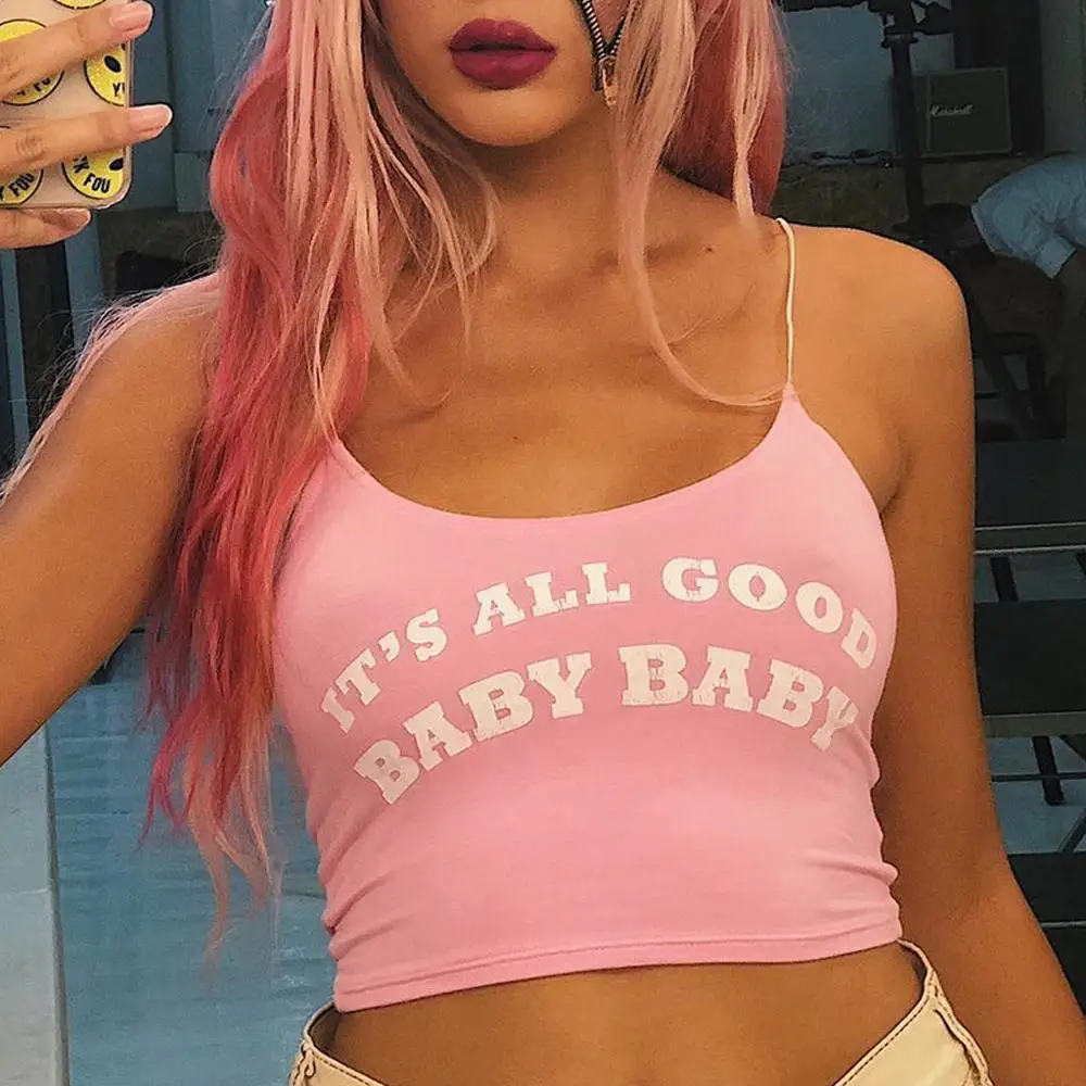 Print Letter Summer T-Shirt Female Sexy Crop Top Sleeveless Tee Casual Pink T Shirt Women Top Vest Short Bottoming Tshirt TT3M