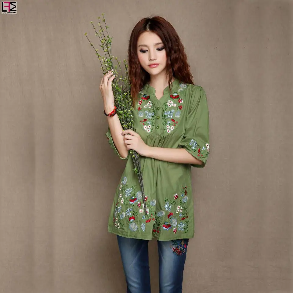Блузка женская хлопковая с вышивкой Повседневная Длинная стильная рубашка