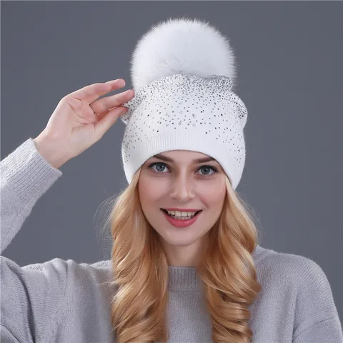 [Xthree] Женская зимняя шапка, шапка из кроличьего меха, вязаная шапка, женская шапка из норки, помпон, блестящие стразы, шапки для женщин