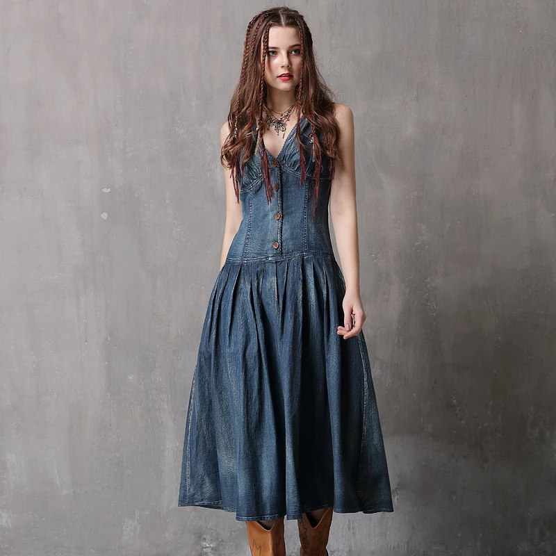 Летнее платье 2018 Yuzi. may Boho новые джинсовые женские платья с v образным вырезом без