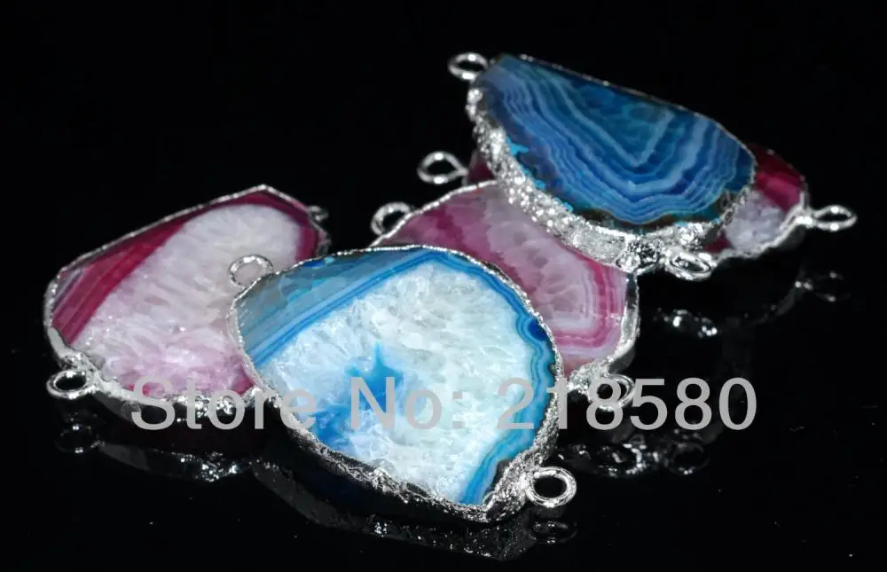 

H-DP55 10pcs Mix Striped Freedom Agat Slice Pendant Connector with Silver (Random in Shape and Color)