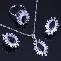 romantic black cubic zirconia white cz silver plated jewelry sets earrings pendant chain ring v0241