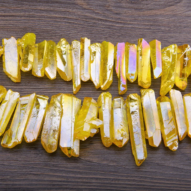 

Natural Yellow Titanium Quartz Crystal Point Stick Beads Top Drilled Spike Point Pendant charm For Jewelry making 15.5" strand