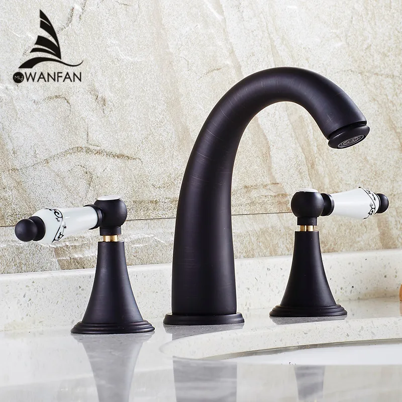 

Basin Faucets Black Brass Deck Mounted Widespread Bathroom Faucet 3 Pcs Ceramics Double Handle Lavatory Sink Mixer Taps SY-057R