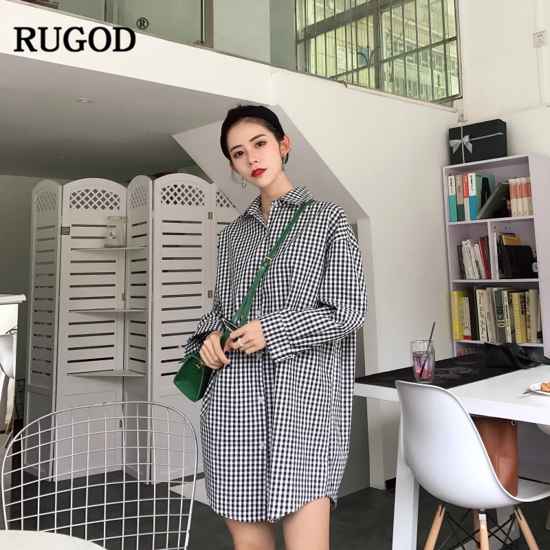 Женская длинная клетчатая рубашка RUGOD модная Повседневная с отложным воротником