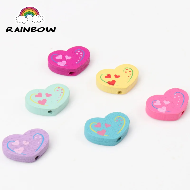 Mixed Colors Heart Shape Paintied Wooden Material Spacer Beads For Handwork Jewelry Accessories 19x13mm 50pcs | Украшения и