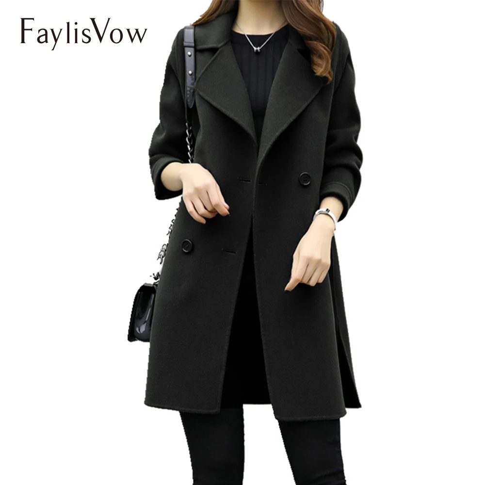 Autumn Winter Women Wool Coat Casual Turn-down Collar Long Sleeve Jacket Female Elegant Green Double Breasted Outerwear Coats | Женская