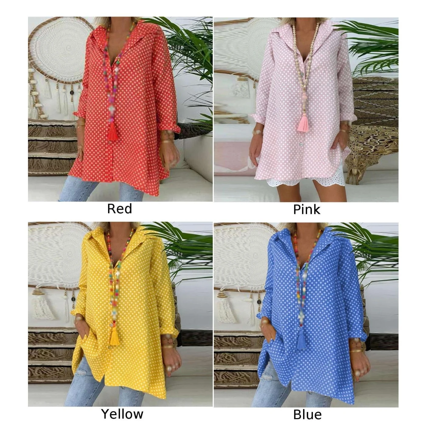 Summer Holiday Blouse Women's Clothes Casual Loose Polka Dots Print Long Sleeve Sunscreen Weekend Shirt Tops |