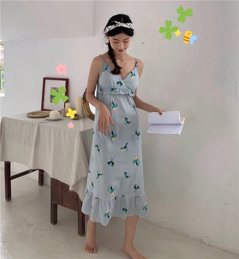 Caiyier Cotton Sleepshirts Sling Sleepwear Sexy Lingerie Korea Cute Print Famale Nightgowns Summer Women Nightdress Breast Pad | Женская